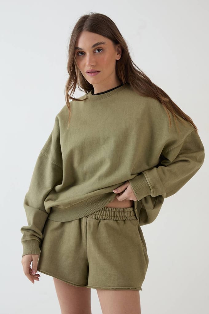 Dames Dsgn Studio Zwaar Gewassen Oversized Sweatshirt | Gewassen Kaki | Maat: Medium