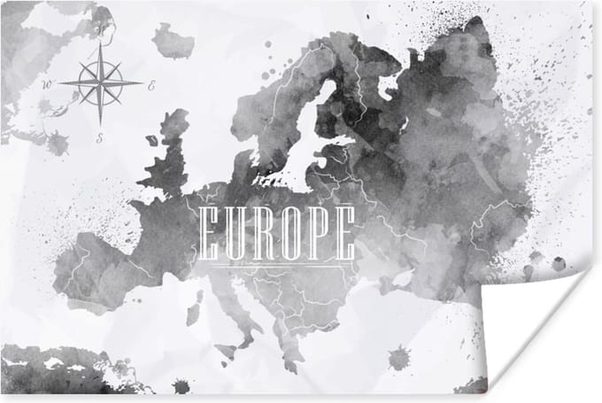 Poster - Waterverf - Wereldkaart - Zwart - 120x80 cm