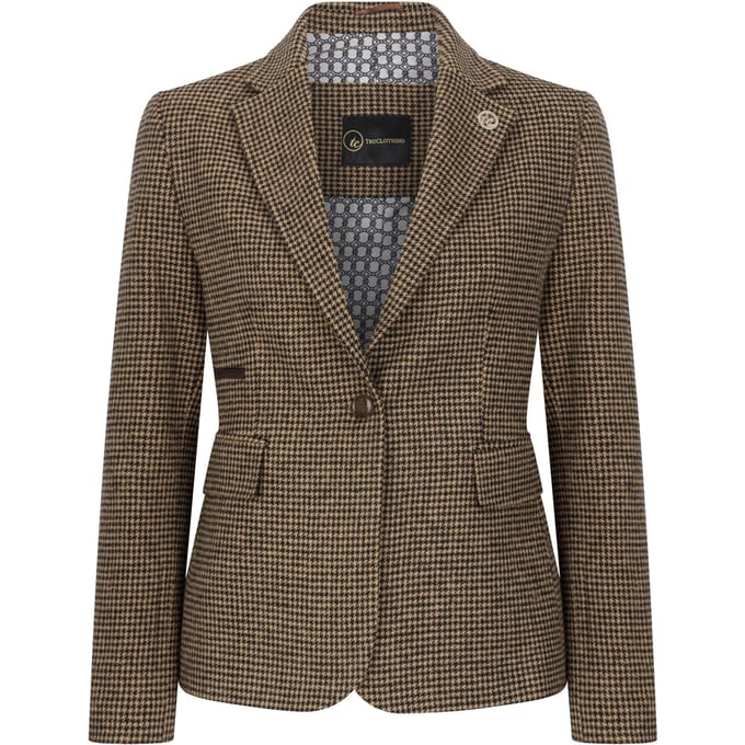 Dames getailleerde bruine pied-de-poule wolmix tweed blazer