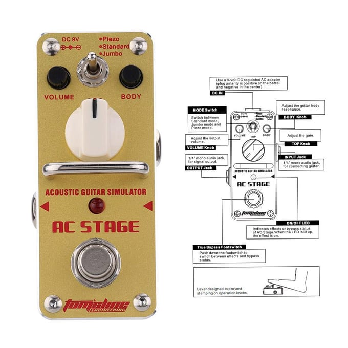 AROMA AAS 3 AC Simulateur de Guitare Acoustique de Scène Mini Pédale d'Effet pour Guitare Électrique Simple avec True Bypass gray