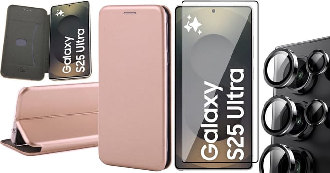 Hoesje geschikt voor Samsung Galaxy S25 Ultra - Screenprotector Glas & Camera - Wallet Book Case Rosegoud