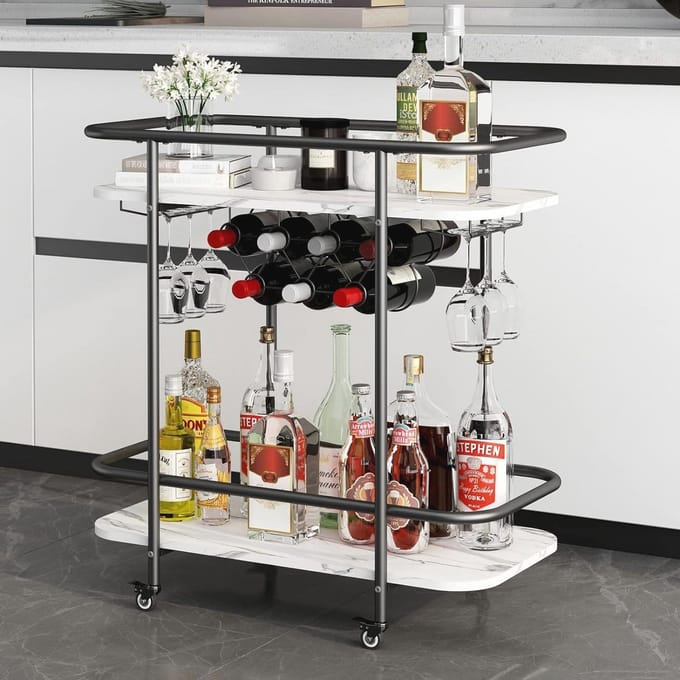 2 Tier Mobiele Dranken Trolley - Modern Serveertrolley met Wijnrek en Glazen Houder
