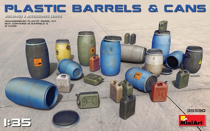 MiniArt Modelbouwpakket Diorama - 35590 - 12 Plastic Vaten en 12 Jerrycans - Diorama Plastic - 1:35 - Modelbouw