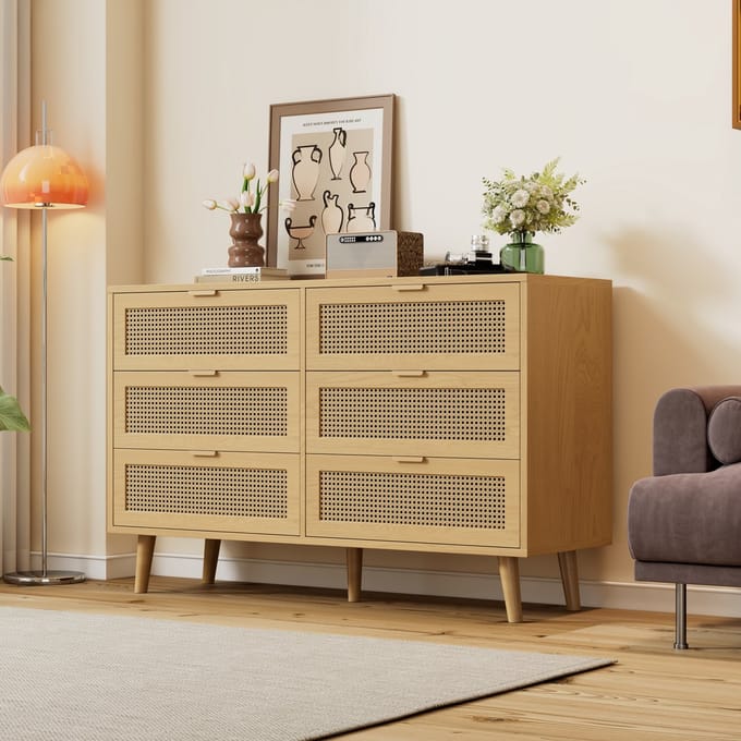 Kommode - 120x40x76,5 cm - 6 laden & rattan design - metalen handgrepen - massief houten poten (15 cm)