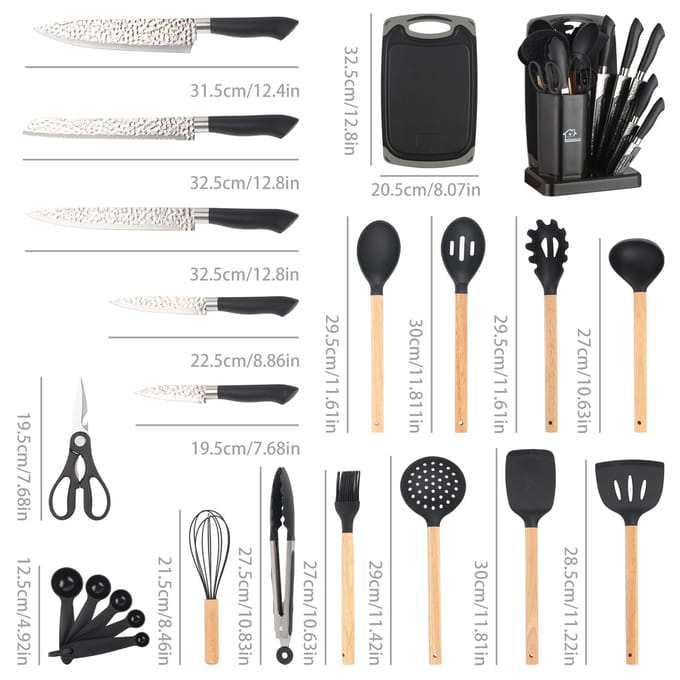 28-delige Keukenmes en Siliconen Keukengerei Set met Houder, Roestvrijstalen Messen, Schaar, Snijplank Inbegrepen zwart