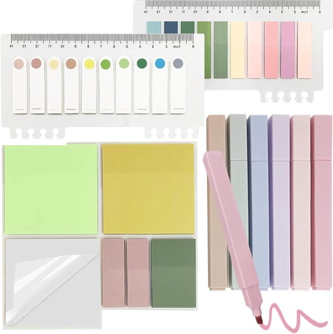 Transparent Self Adhesive Note Set with 700 Sheets and 6 Highlighters for Bible Marker Notebooks - School and Office Supplies