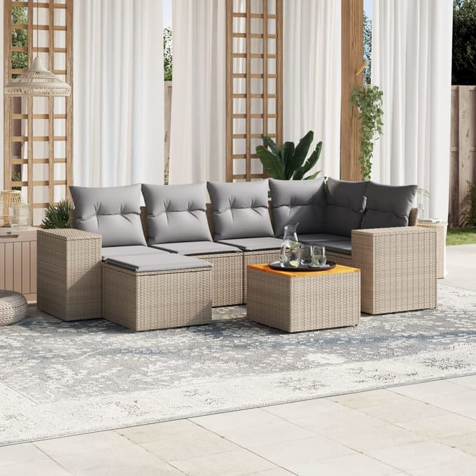 vidaXL - 7-delige - Loungeset - met - kussens - poly - rattan - beige