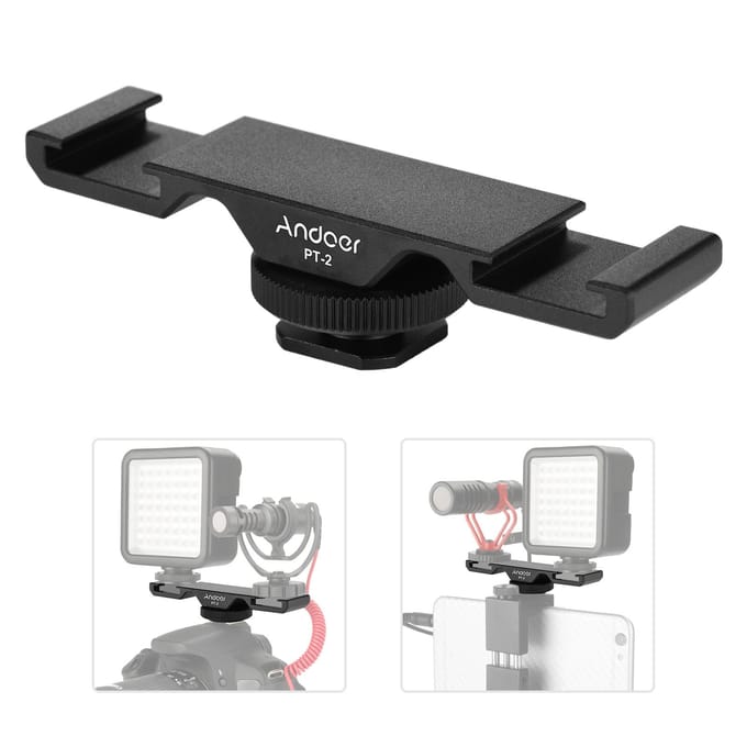 Andoer PT-2 Dubbele Cold Shoe Mount Verlengbeugel Dubbele beugel voor DV DSLR Camera Smartphone Mic LED zwart