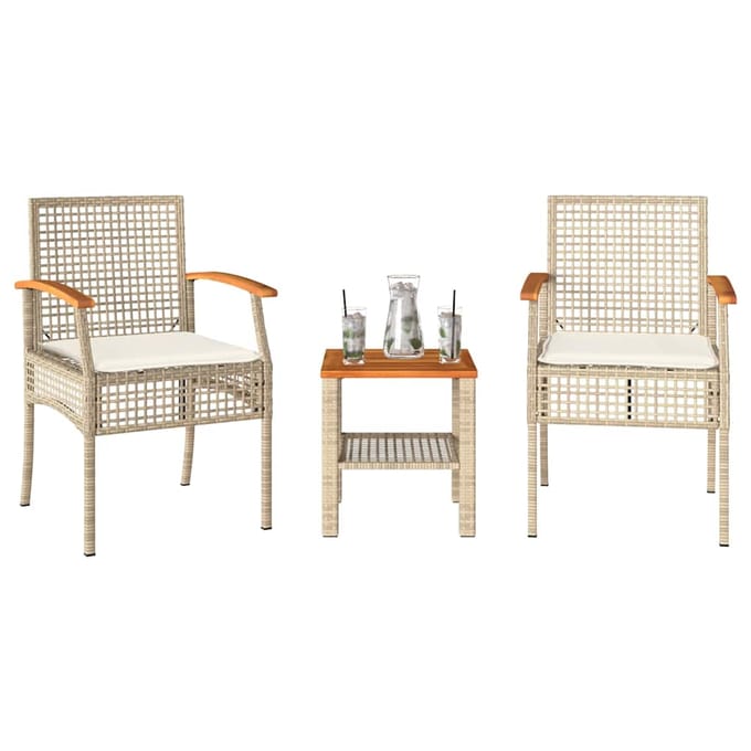 vidaXL - 3-delige - Bistroset - met - kussens - poly - rattan - en - acaciahout - beige