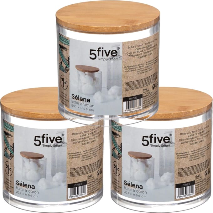 3x Stuks watten houder/box 9,5 x 9,5 cm van kunststof/bamboe - Wattenschijfjes opbergen - Wattendispenser - Make-up organizer