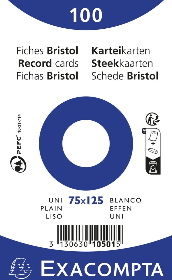 Exacompta 20x Pak 100 steekkaarten bristol in folie - effen niet geperforeerd 75x125mm - Wit - 10501E