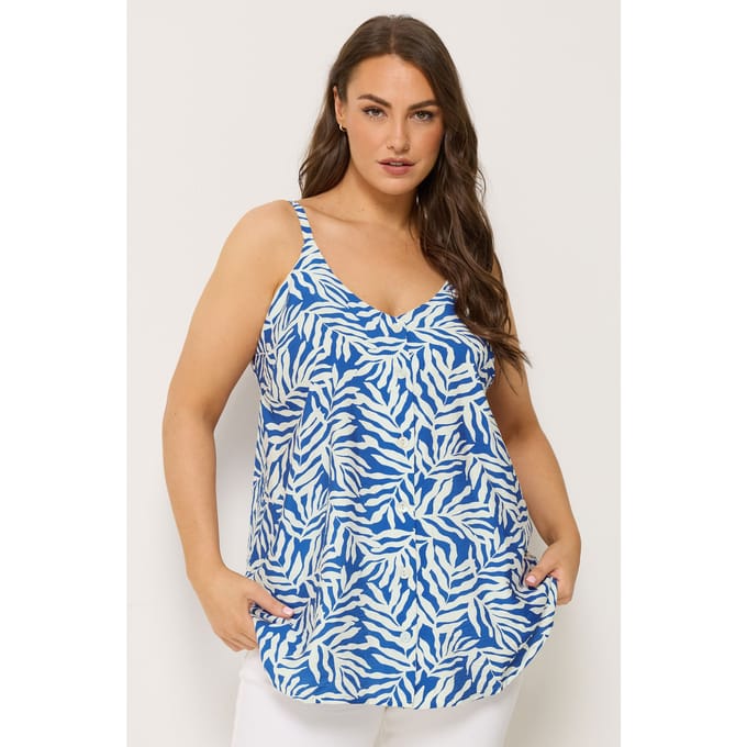 Yours Blauwe Mouwloze Top Met Bladerprint Size 42