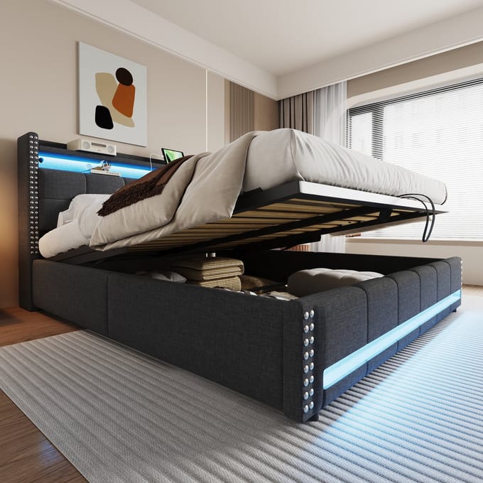 Gestoffeerd Bed - 180x200 cm - met LED, USB en Hydraulische Opbergruimte - Linnen - Grijs
