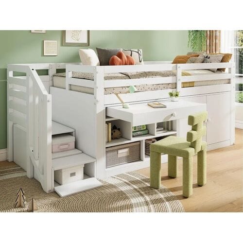 ModernLuxe Multifunctioneel eenpersoons kinderbed in massief hout - met opbergruimte, ladder en uitschuifbare tafel - 90x200cm - Wit