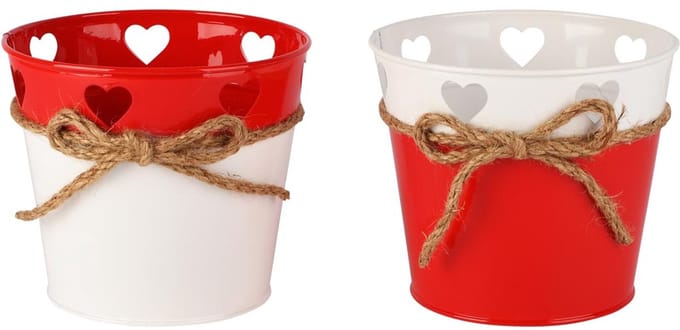 Dekoratief | Bloempot 'Hearts', rood/wit, metaal, 14x14x12cm, set van 2 stuks | A260231