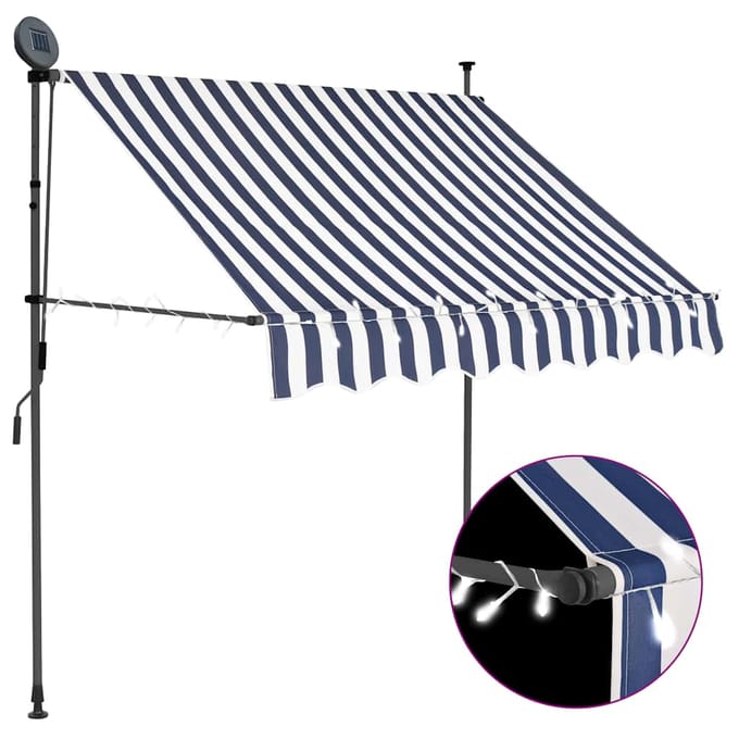 vidaXL - Luifel - handmatig - uitschuifbaar - met - LED - 100 - cm - blauw - en - wit