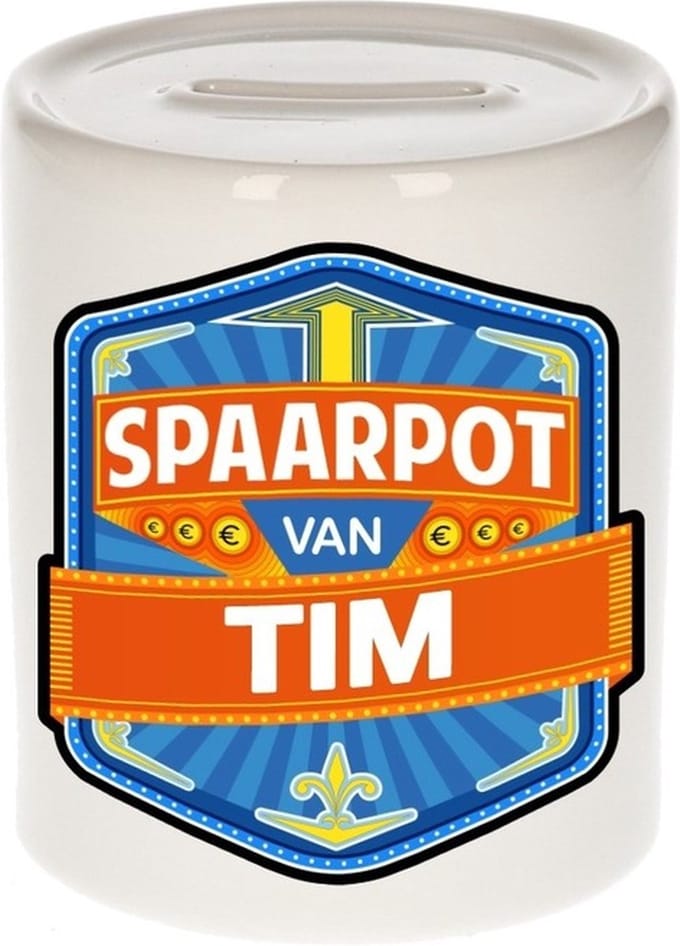 Bellatio Decorations Kinder spaarpot met naam - Tim - keramiek - met dop - wit - Sparen - Spaargeld van Tim