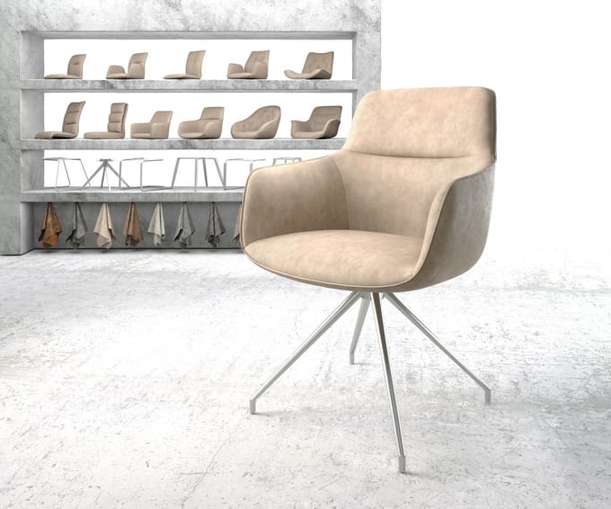 Gestoffeerde-stoel Pejo-Flex kruisframe conisch roestvrij staal microvelours beige vintage pocketveer kern