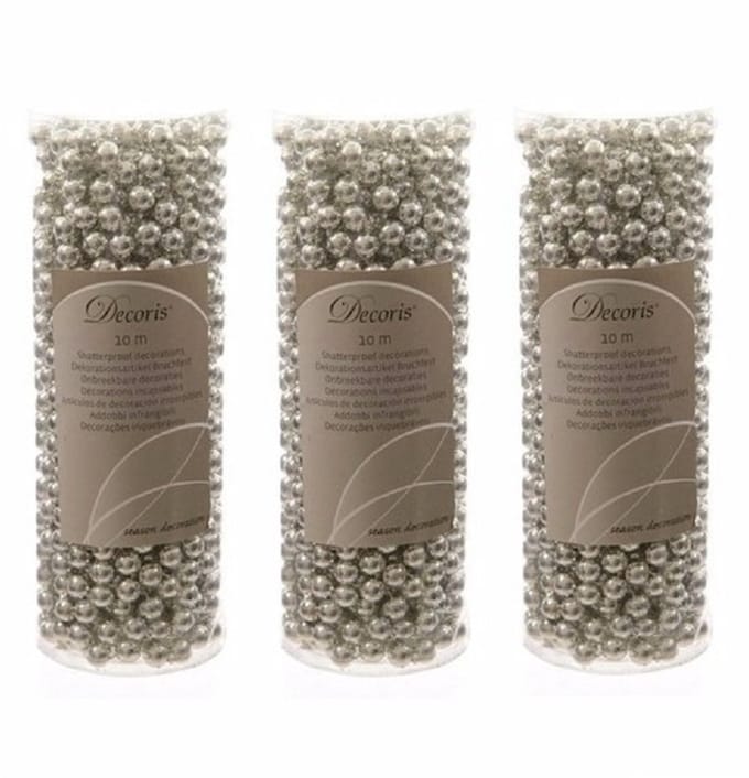 Decoris Kralenslinger - 3x stuks - zilver - 10 meter - kunststof - glans - kerstslinger - kerstversiering