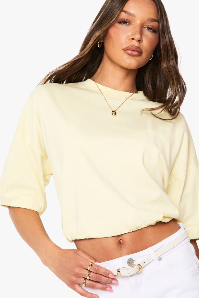 boohoo Dames Katoenen T-shirt met elastische tailleband | Citroen | Maat: 38