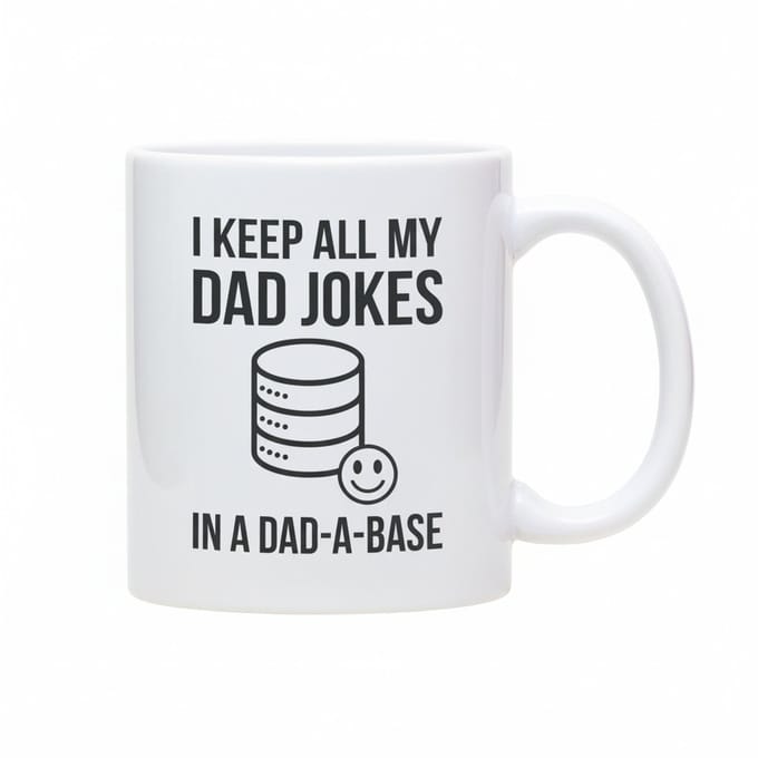 330ml Witte Keramische Mok – I Keep All My Dad Jokes in a Dad-A-Base | Grappig Vaderdag Cadeau & Humor Beker