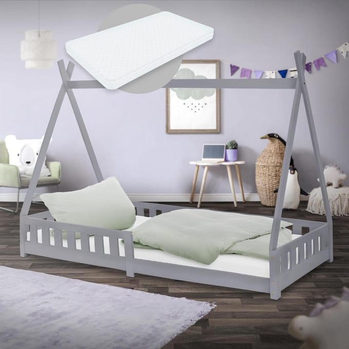 Kinderbed Tipi Huisbed 90x200 cm Lichtgrijs met Matras, Valbeveiliging en Lattenbodem