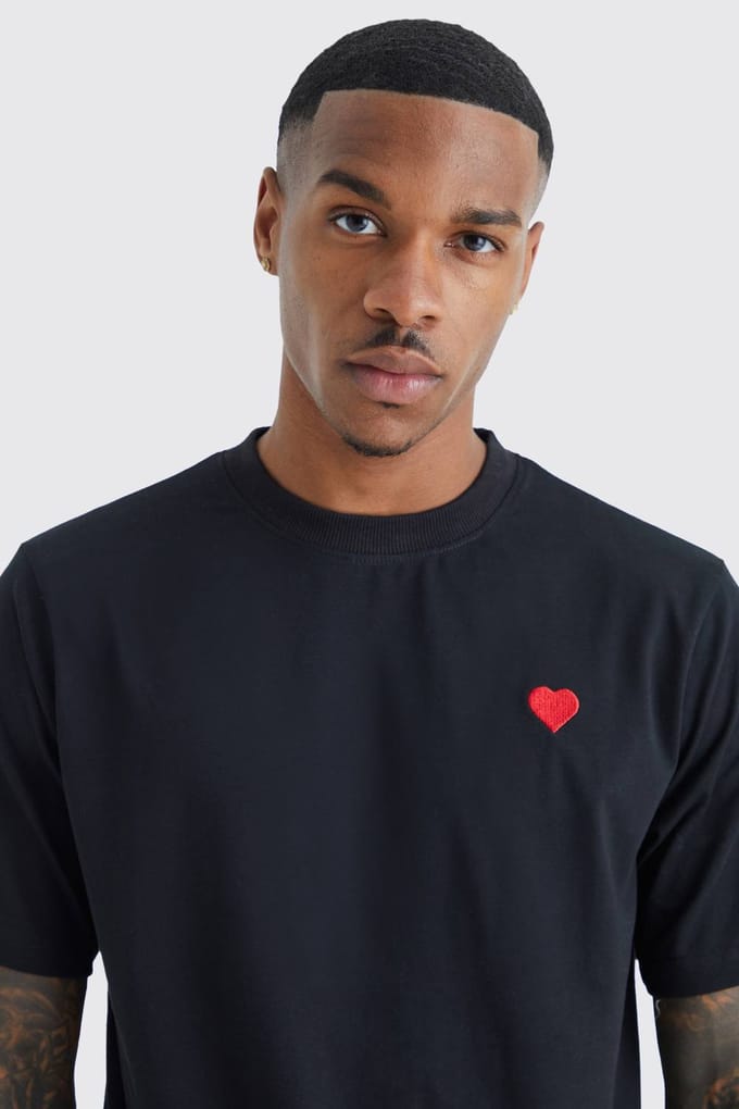 Heart Embroidered T-Shirt | Black | Size XL