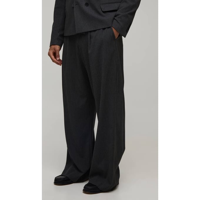 Gestreepte Wijde Pijpen Plooivoorkant Gesneden Pantalon | Charcoal | Size 32