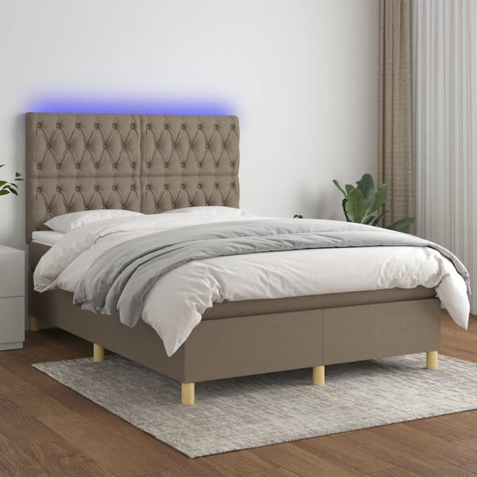 vidaXL - Boxspring - met - matras - en - LED - stof - taupe - 140x200 - cm