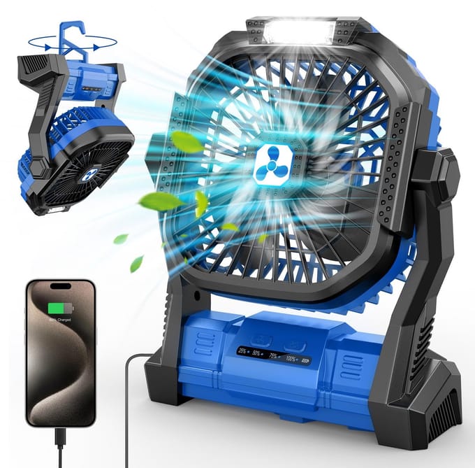 Unyqoos® Draagbare oplaadbare ventilator met LED-lamp voor kamperen en reizen