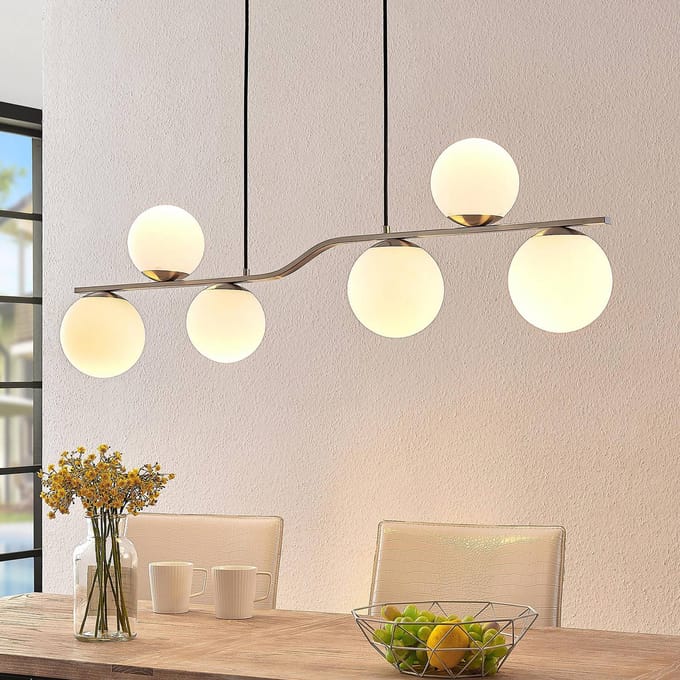 Lindby - hanglamp - 6lichts - Glas, metaal - H: 32 cm - E14 - wit, nikkel gesatineerd