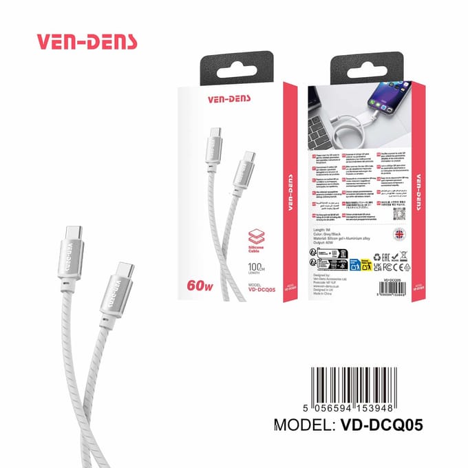 Ven-Dens - 60W Silicone Cable USB C To TYPE C Cable - 1 mtr - Grijs