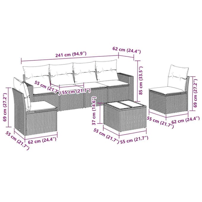 vidaXL - 7-delige - Loungeset - met - kussens - poly - rattan - zwart