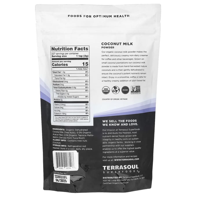 Terrasoul Superfoods, Kokosmelkpoeder, 16 oz (454 gr)