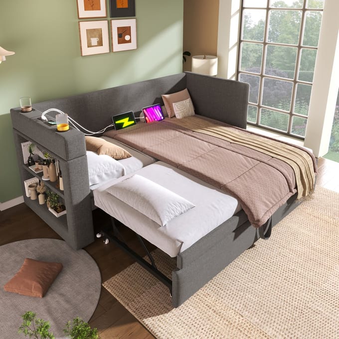 REDOM Bedbank 90x190 cm van katoen-linnen stof, met uitschuifbed en USB/Type-C