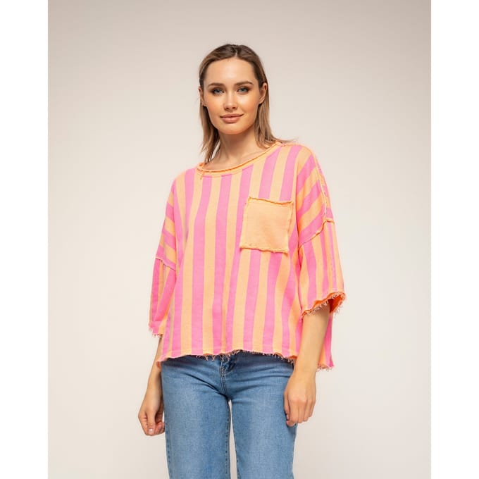 Gestreepte sweatshirt met korte mouwen, zakken en gerafelde afwerking