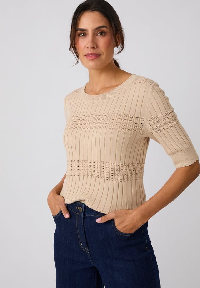 Damart - Gebreide trui met opengewerkte ribbels - Dames - Beige - S