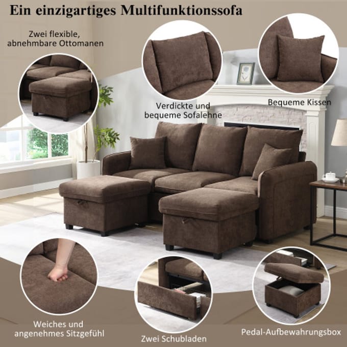 Multifunktionale Ecksofa U-Form-Dreisitzer Polster-Sofa mit Staufunktion – Inklusive Schubladen + Hocker mit Staufach, modular zerlegbares Sofa-Set mit Schlaffunktion, Chenille-Bezug