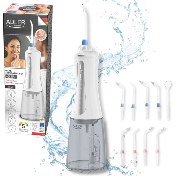 Adler AD 2185 draadloze tandheelkundige irrigator, 5 modi, 10 tips, 350 ml tank, USB-C