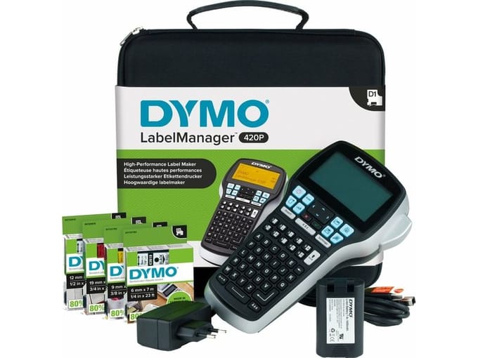 DYMO LabelManager 420P hoogpresterende oplaadbare draagbare labelmakerkit | ABC-toetsenbord met 4 rollen D1-labels en draagkoffer