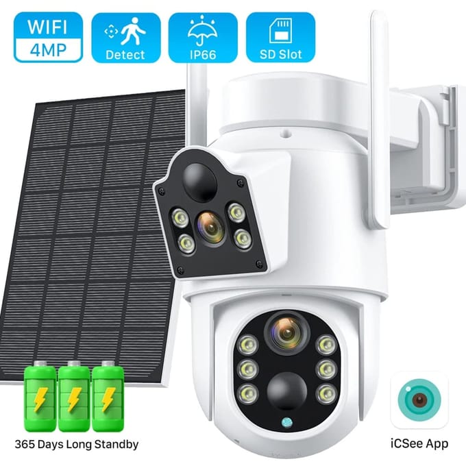 4MP Draadloze Zonnecamera Dubbele lens WiFi PTZ Camera Buiten Ingebouwde Batterij Videobewakingscamera Lange Standby-tijd iCsee 2MP Camera