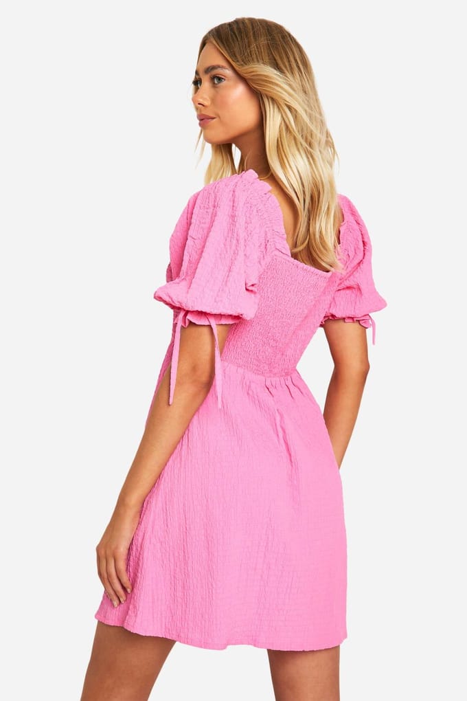 boohoo Dames Textured Puff Sleeve Smock Jurk | Roze | Maat: 36