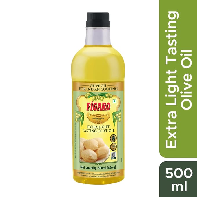 Huile d'Olive Goût Extra Léger Figaro 500 ml Pack de 1 – Parfaite pour la Cuisine Indienne et la Friture yellow