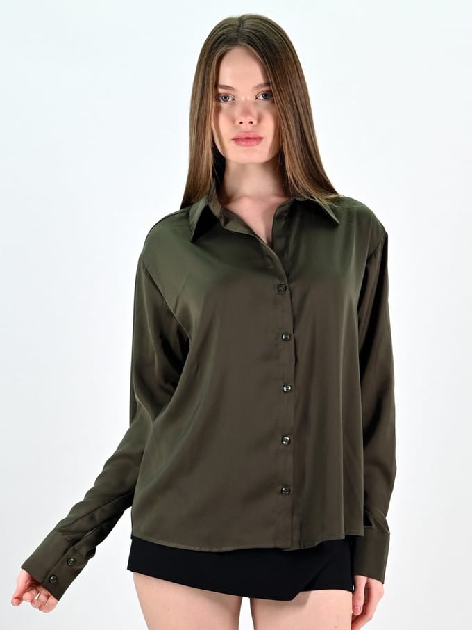 YesMooi - Basis Satijnen Blouse - Kaki - S (36)