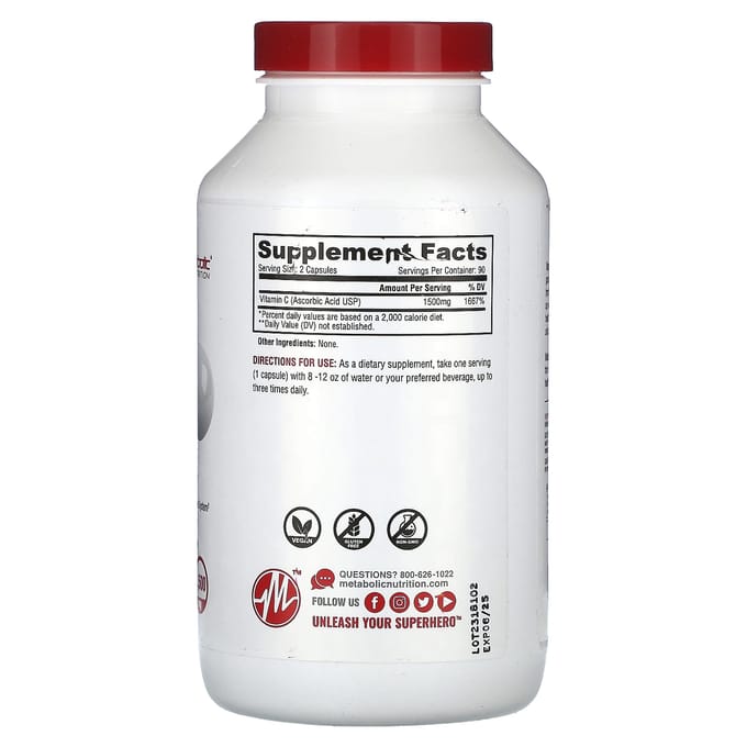 Metabolic Nutrition, Vitamine C, 1500 mg, 180 capsules (750 mg per capsule)