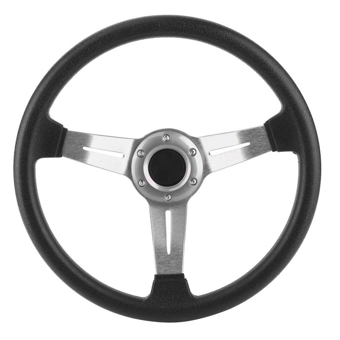 Volant de course universel 14 pouces Cuir PU Alliage d'aluminium Avec bouton Klaxon ModifiéArgent argenté