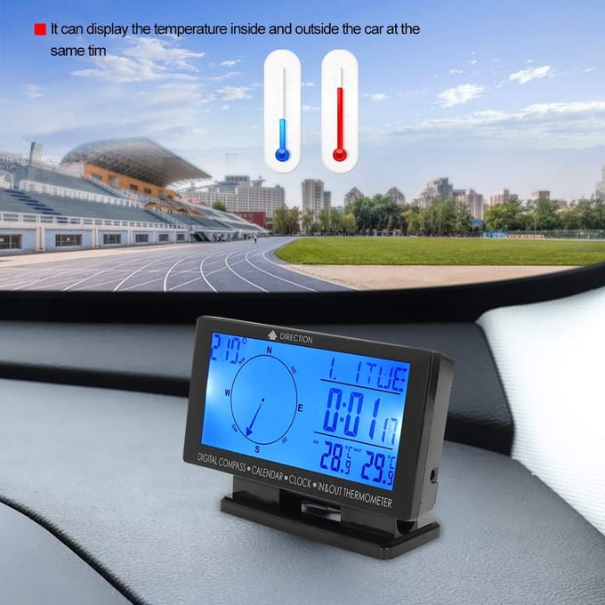 Veelzijdigheid LCD-scherm Auto SUV Dashboard Kompas Thermometer Klokmetermeter black