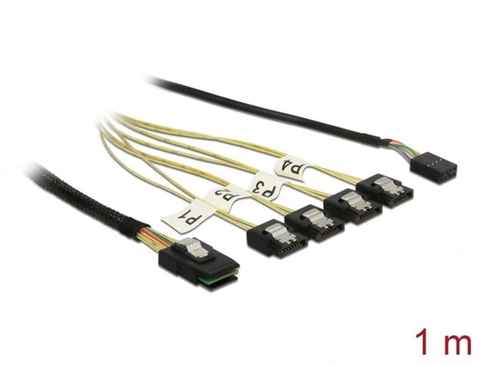 Delock Cable Mini SAS SFF-8087 > 4 x SATA 7 pin + Sideband 1 m metal