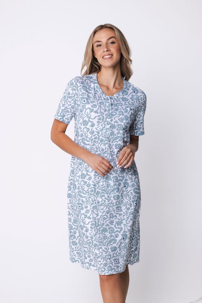 Pastunette - Nachthemd - Stone Blue - Organisch Katoen - Blauw/Wit - Knoopsluiting - Maat 48