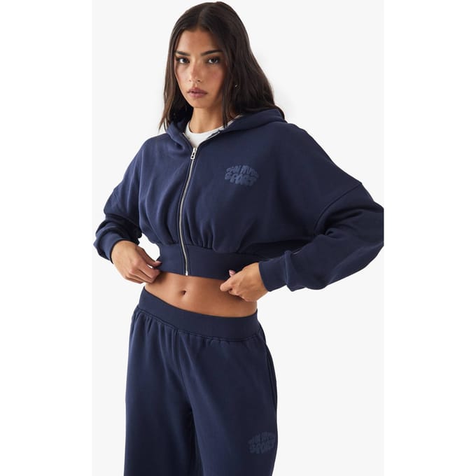 boohoo Dames DSGN Studio Sport Bubble Print Boxy Crop Zip Through Hoodie | Navy | Maat: Large